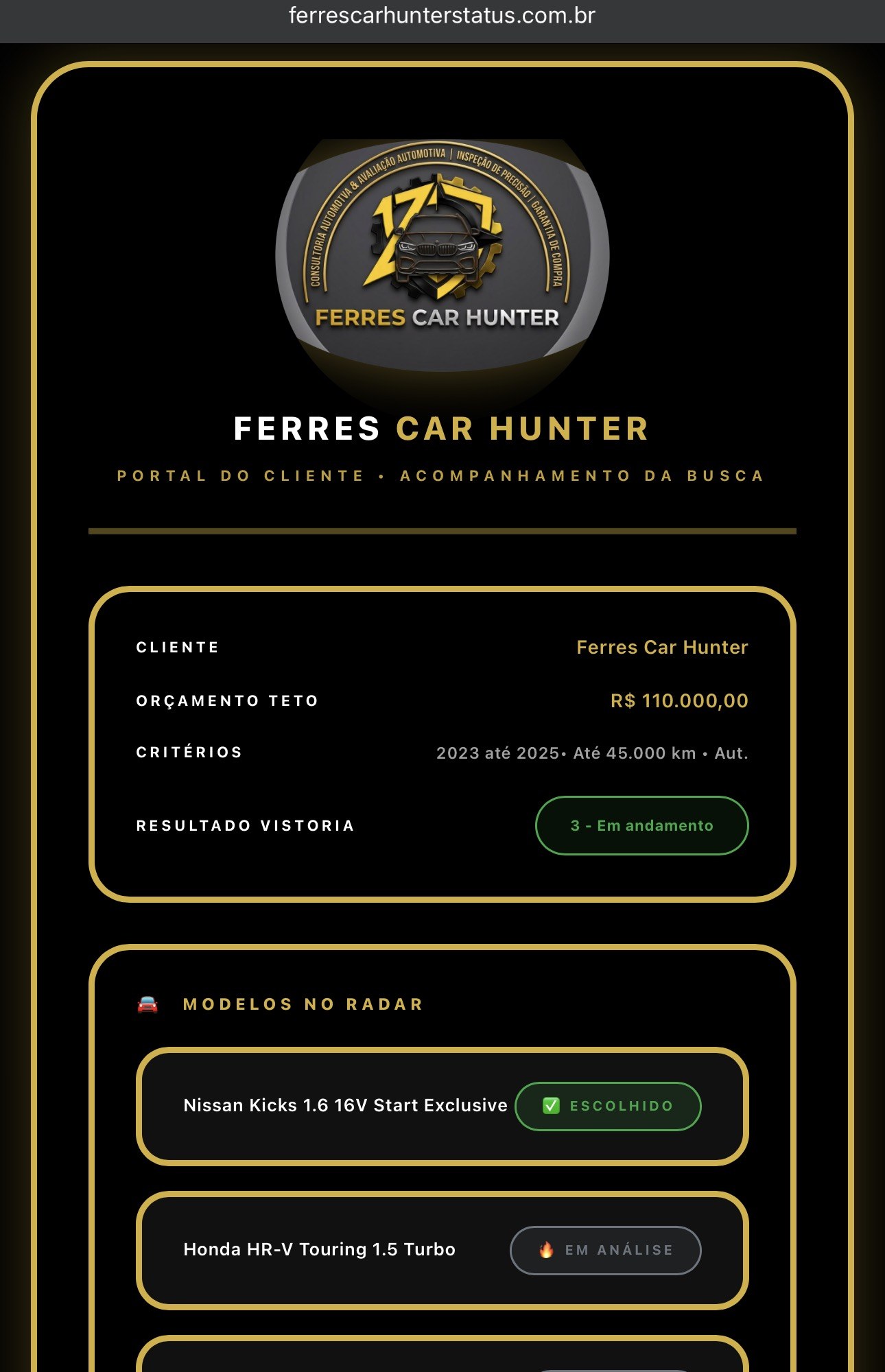 Portal do cliente Ferres Car Hunter