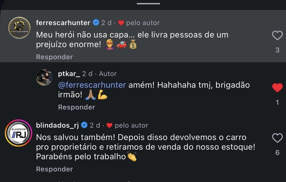 Depoimentos reais de clientes e lojistas sobre a Ferres Car Hunter no Instagram